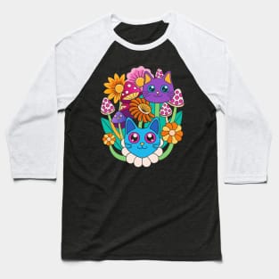 Trippy Cats, Mushrooms and Flowers Baseball T-Shirt